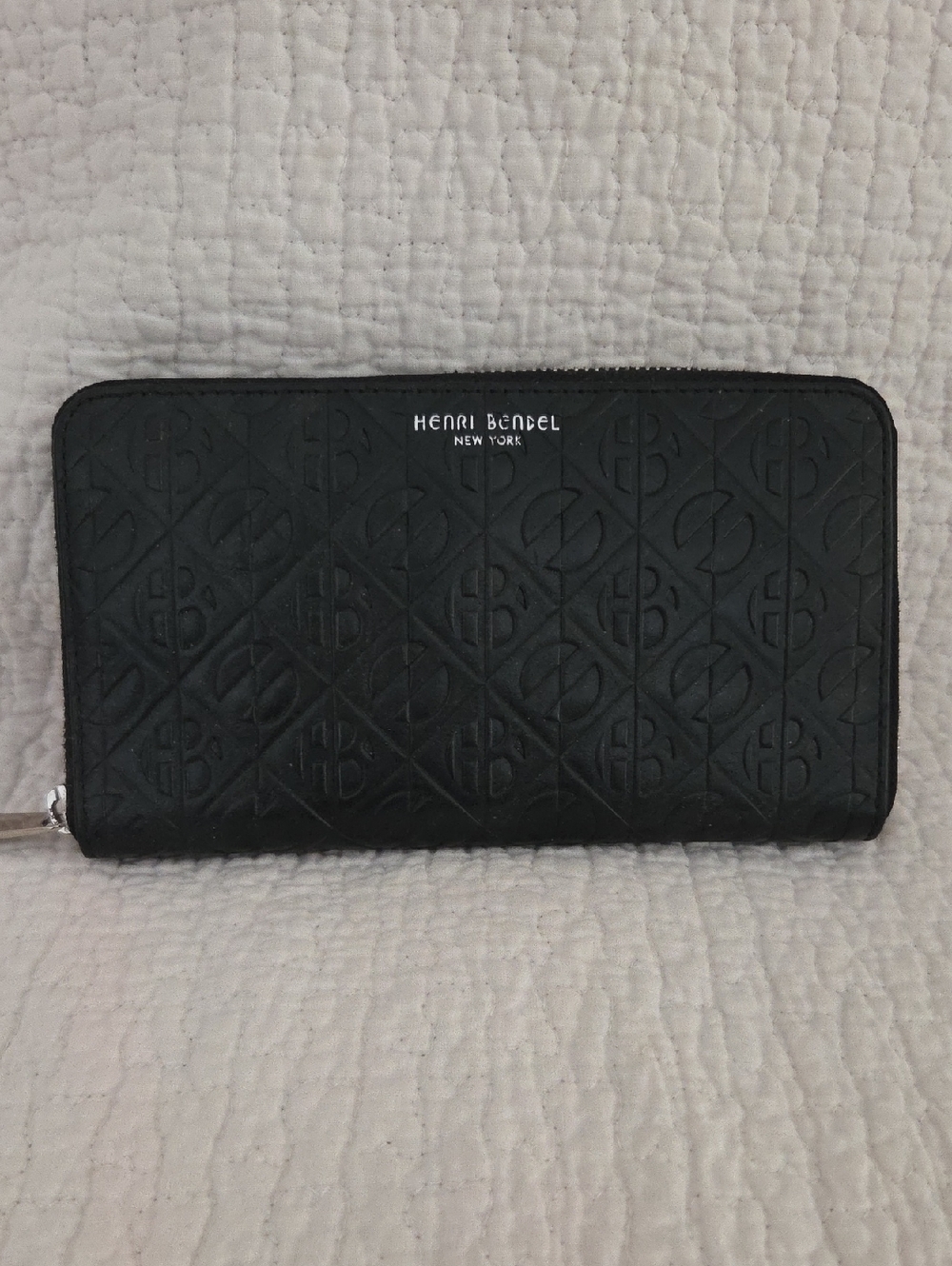Henri Bendel Black Embossed Logo Zip Wallet